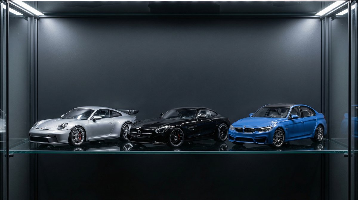 1:18 scale diecast models of Porsche, Mercedes-Benz, and BMW displayed in a glass collector cabinet