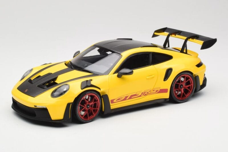Porsche 911 992 GT3 RS Racing Yellow Weissach Package & Red Wheels Minichamps 1:18 110062025 Diecast