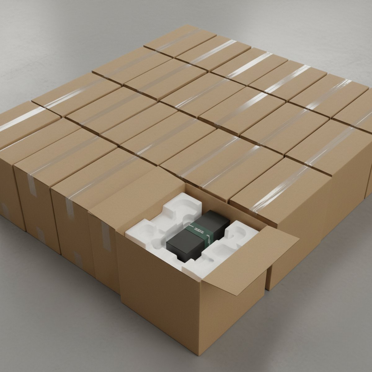 Packed B2B order boxes with protective padding ready for despatch