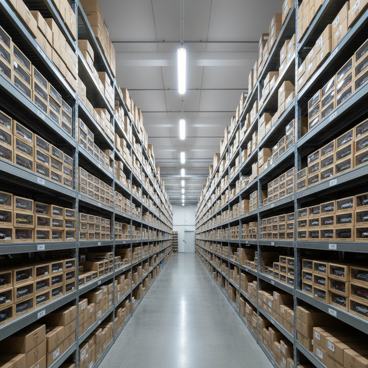 Boxed 1:18 diecast models on warehouse shelving at Models118
